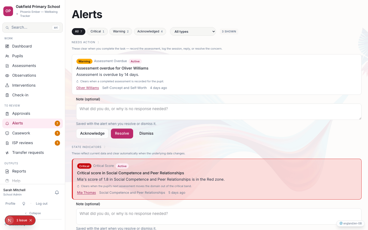 The alerts list, showing critical and warning alerts ordered with the most urgent at the top