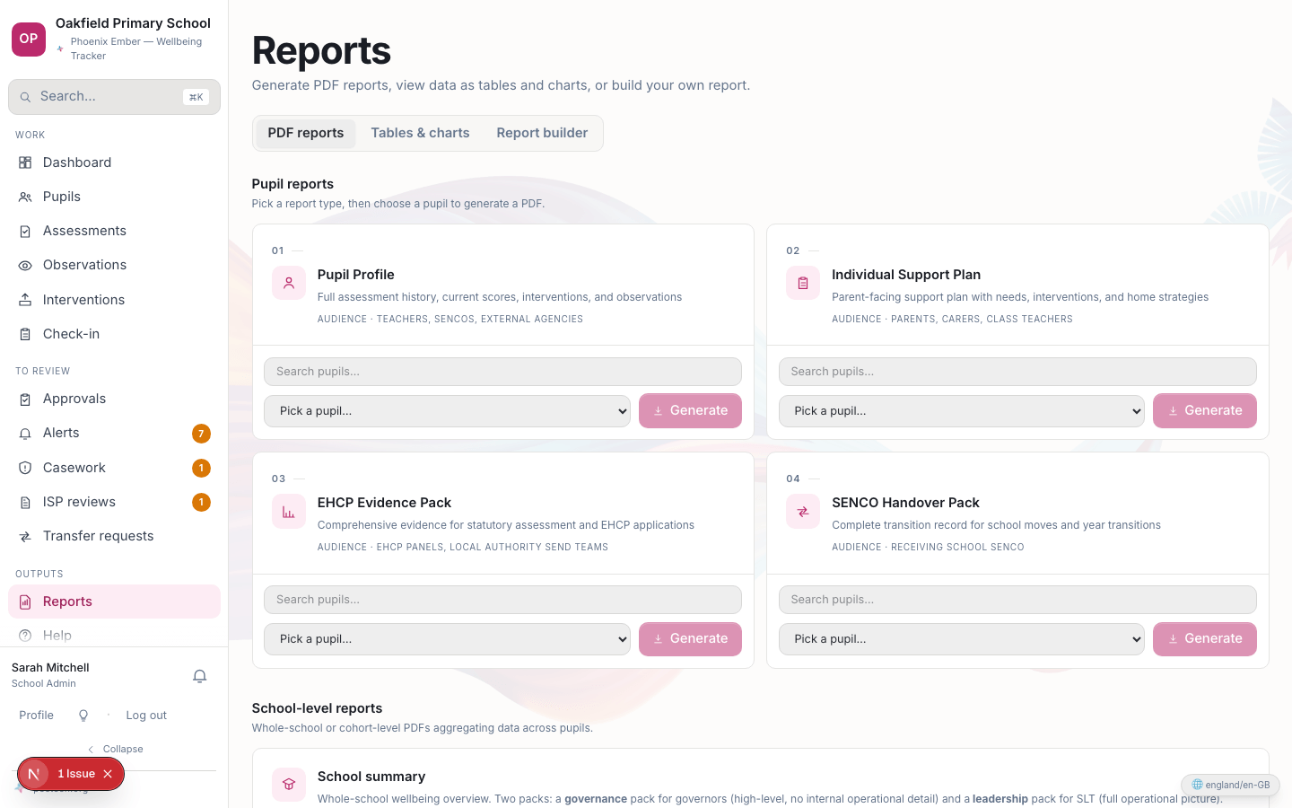 The reports hub, showing report type cards including Pupil Profile, Individual Support Plan and EHCP Evidence Pack